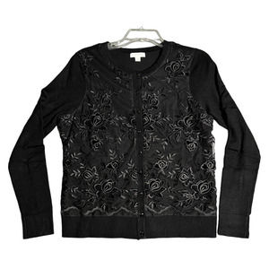 Charter Club Lace Embellished Button Cardigan (Deep Black, M)